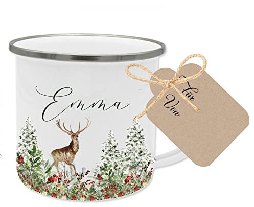 Manufaktur Liebevoll personalisierte Weihnachtstasse - Tasse mit Winterlandschaft, Namen und Elch