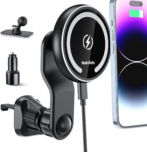 MAGJIEYX for Magsafe Car Mount Charger, 15W Car Phone Holder Wireless Charger 360° Rotation Fast Charging for iPhone 16 15 14 13 12 MagSafe Case Dashboard Air Vent Car Accessories with 36W Adapter