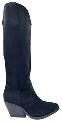 STILL Stivale Donna Ecopelle Scamosciato Traforato Primavera Estate Tacco Western Texani a Punta YG887 (Nero, Numeric_39)