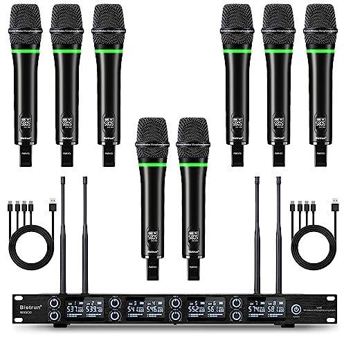 Bietrun 8-Channel Wireless Microphone System with 8 Rechargeable Mics Wireless, UHF 295ft Range, Professional Metal Cordless Dynamic Vocals Mics for Adults,Karaoke Party,Singing,Church,(Auto Connect)