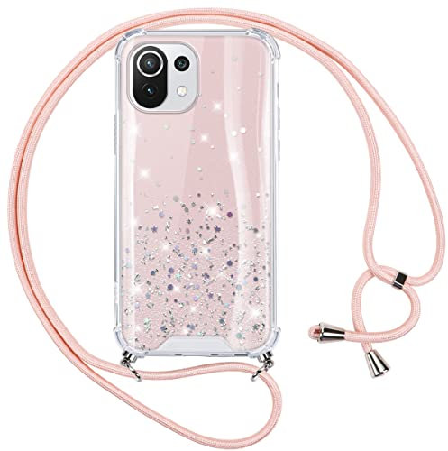 Vauki Handykette Hülle für Xiaomi 11 Lite 5G NE/Mi 11 Lite 4G/5G, Glitzer Handyhülle Band Silikon Stoßfest PC Case mit Glühen Necklace Schutzhülle mit Premium Kordel abnehmbar zum Umhängen, Rosa