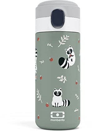 monbento - Isotherme Flasche Kinder MB Pop Raccoon -Waschbär - 360ml - Auslaufsicher - Hält Getränke bis zu 12 Stunden Warm/Kalt - Kleine Wasser Flasche für Kinder Schule/Park ode Handtasche - Grün