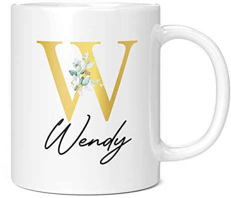 Personalised Letter W Floral Mug Initial with Name, Customised Gift, Gold Effect Printed Letter, NOT Metallic - Ceramic Coffee Cup for Men or Women, Extra Large and Giant Mug, 11oz White Cup