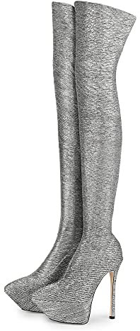 Lutalica W Elegante punta punta stampa speciale 15CM Pull On Strenchy Sexy Stiletto tacco alto piattaforma sopra il ginocchio coscia stivali alti, Glitter, 38.5 EU