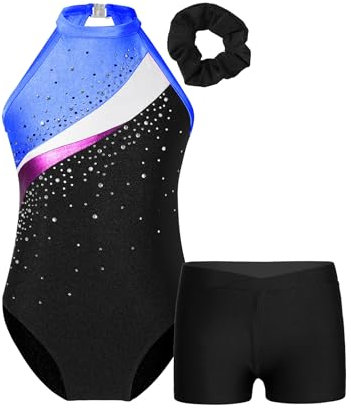 TTAO Gymnastikanzug Kinder Mädchen Ärmellos Turnanzug Trikotanzug Tanz Gymnastik Training Dancewear Gymnastikbody mit Haarband und Shorts A Schwarz&Königsblau 158-164