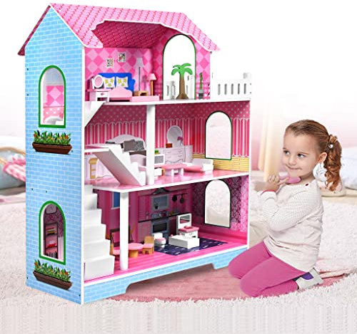 ACXIN Maison de Poupée en Bois DIY - Grand Kit de Jeu Barbie et Playmobil avec Meubles et Accessoires - Jouet pour Filles