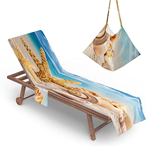 Highdi Schonbezug Liegestuhlauflage, 3D Schonbezug für Gartenliege, Strandliegenauflage mit Taschen, Mikrofaser Handtücher für Strandliegen Liegestuhl (75x210cm,Seesterne)