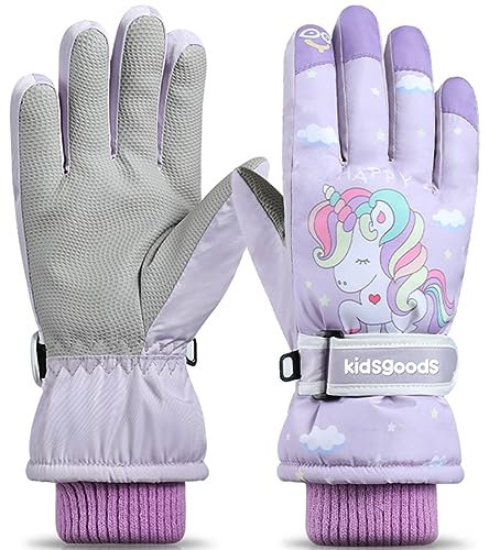 Hjkiopc Guanti da sci per bambini Guanti da Neve per Bambini 6-12 Anni Invernali per Sportivi con Silicone Antiscivolo,per Snowboard, Ciclismo, da sci per bambini e ragazzi(Viola Unicorno)
