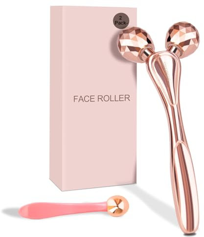 Rouleau de Massage Visage 3D Masseur Roller Facial Massager Appareil pour Drainage Lymphatique Lifting du Visage Réduit les Cernes et les Anti Rides (Or Rose)