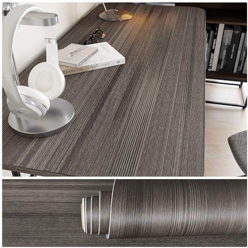 VEELIKE Papier Peint Imitation Bois Gris Marron Papier Adhesif pour Meuble Bois Taupe Vinyle Adhesif Bois Marron Papier Peint pour Porte Papier Autocollant pour Meuble Chambre Armoire Salon 40cm×300cm