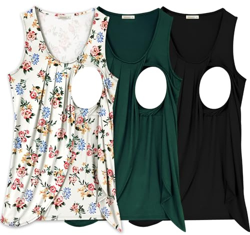 PARNIXS Summer Women's Maternity Nursing Tank Top Sleeveless Comfy Breastfeeding Clothes, Black/Flower 09/Dark Green, XL