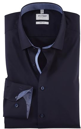OLYMP Herren Oberhemd Langarm Level Five,Einfarbig,Body fit,New York Kent-2,Marine 18,39