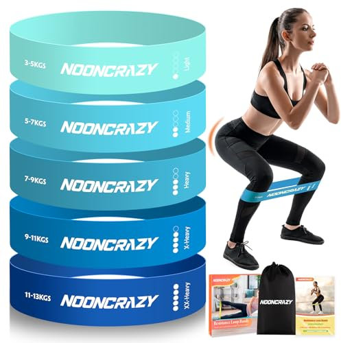 NOONCRAZY Fitnessbänder 5er Set, 100% Naturlatex Resistance Bands mit Übungsanleitung, Gymnastikband 5 Verschiedene Stärken, Widerstandsband für Pilates, Krafttraining, Physiotherapie