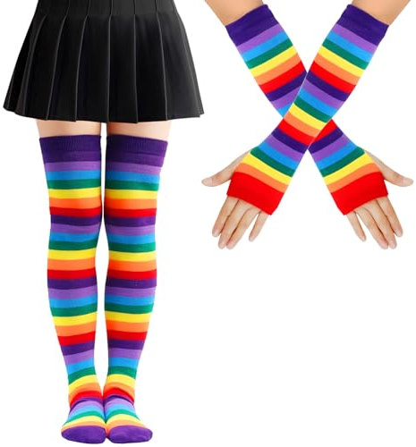 Mayoii Set di calzini alti alla coscia a righe arcobaleno e guanti senza dita, calzini alti sopra il ginocchio LGBT per donne e ragazze (Poliestere, viola arcobaleno)