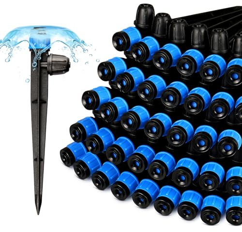 Gardrip Drip Irrigation Emitters for 1/4 Irrigation Tubing: 55 Pieces Adjustable 360 Degree Irrigation Vortex Sprayer On 5 Stake Upgraded Fan Shape Emitters with Lock Barbed Connectors
