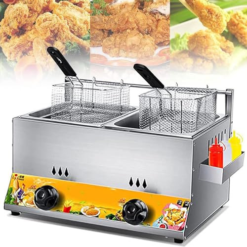 PixCy Friteuse Professionnelle,Machine Frites à Gaz,Friteuse Double Bac,Friteuse INOX,Cuve Amovible,pour Bâtonnets Pâte Frits/Huile,Friteuse Restaurant