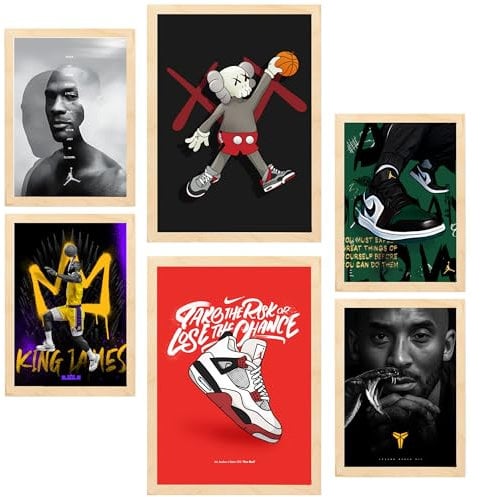 Nacnic 6er-Set Ikonischer Basketball-König James Jordan Nike Gerahmtes Poster mit Design-Illustrationen zur Dekoration der Wände Ihres Zuhause Zimmer Büro Laden Malerei A3 & A4 Leichter Holzrahmen