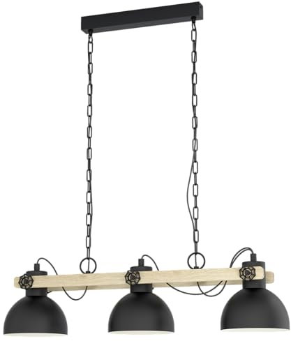 EGLO Pendellampe Lubenham, 3 flammige Vintage Pendelleuchte im Industrial Design, Retro Hängelampe aus Stahl und Holz, Farbe Schwarz, braun, Fassung E27, FSC Zertifiziert