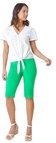 Roman Knee Length Shorts for Women UK - Ladies Cropped Capri Stretch Bengaline Pants Crop Trousers Summer Legging Lounge Essentials Elasticated Casual Clothes - Size 12 - Pale Green