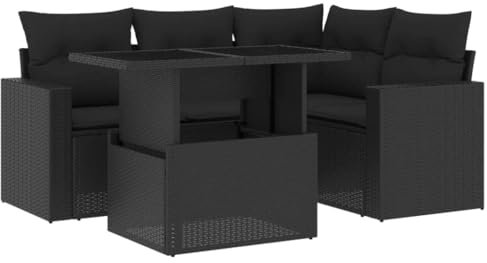vidaXL Garten Sofa Garnitur 5-TLG., Gartenmöbel Set mit Kissen Modular, Lounge Sitzgruppe für Garten Terrasse, Gartentisch Verstellbare Tischplatte, Schwarz Poly Rattan