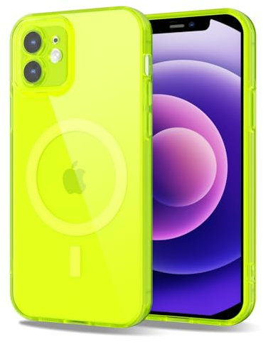 Svanove for iPhone 12 Mini Case Clear Compatible with Magsafe, Fluorescent Transparent Magnetic Magnet Mag Case, Slim Thin Bright Silicone Grip & Shockproof Bumper Camera Cover, Neon Green Lime