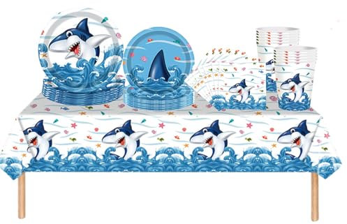 69Pcs Blue Shark Ocean Party Tableware Plastic Ocean Wave Under The Sea Table Cloth,Paper Plates,Napkins and Cups Dinnerware Set for Boys Kids Birthday Beach Ocean Theme Party Decoration
