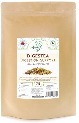 Digestea Natural Support Loose Tea – Mix of Herbs and Fruits (175g) | Peppermint & Ginger & Coriander & Caraway & Fennel & Pineapple & Strawberry & Hops & Marigold – Resealable Pouch