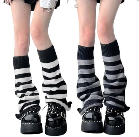 SHEKINI 2 Pairs Womens Knitted Leg Warmers Winter Cuffs Lolita Crochet Harajuku Warm Thigh High Socks Punk Knee Socks Girls, Grey Striped+White Striped