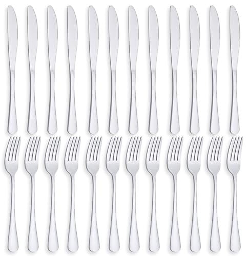 24P Knife and Fork Sets, PionStar Stainless Steel Cutlery Set for 12 People, Forks Set of 12 & Knives Set of 12, Dishwasher Safe/Mirror Polished, Silverware Set Include Knife and Fork