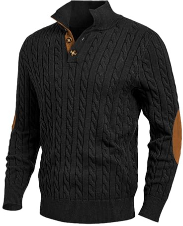 JMIERR Men's Cable Knit Pullover Sweater Casual Long Sleeve Essentials V Neck Winter Button Henley Knitted Sweater, XL, Black