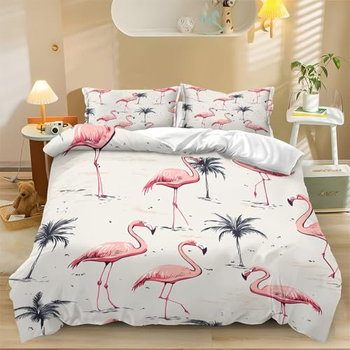 Sewing duvet covers Small Palm Trees And Pink Flamingos Print Bedding Duvet cover Color Cover with 2 Pillow Cases Soft Microfiber Easy Care Reversible Duvet Set Single