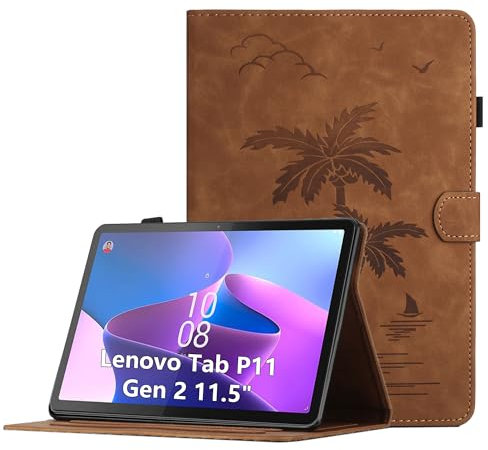 Coque pour Lenovo Tab P11 (2nd Gen) 11.5 Pouces 2022 Housse de Protection Multi-Angles Étui en Cuir PU avec Fente pour Carte, Auto Réveil/Sommeil, Brun