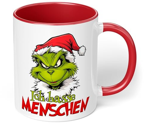 Lustige Kaffeetasse „Ich hasse Menschen“ – witzige Grinch Figur Geschenkidee für Weihnachten - lustige Tasse - Keramik, ca. 330ml, Rot