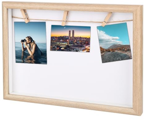 XCRPRT Cadre photo en bois DIY - Avec laisse et pinces en bois - Format paysage - Pour la maison, la cuisine, le bureau - Suspension décorative - 21 x 30 cm