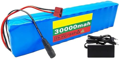 24V 29,4V 7S4P 30Ah E-Bike Li-Batterie,24V Fahrrad Li-Ionen-Akkupack Eingebauter BMS Wasserdichter PVC-Akku Für 100W 200W 350W 400W 500W Motor Mit Ladegerät 29.4V 30AH,T