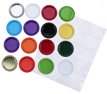 PHENOFICE 34mm Tinplate Beer Caps and 3d Resin Epoxy Bottle Stickers Diy Craft Kit 200pcs Dual-sided Printed Caps Colorful Patches for Jewelry Making and Decoration Random Color