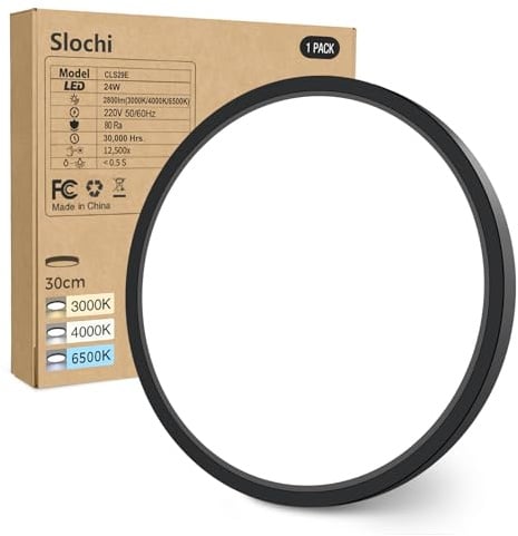 slochi Bathroom Light, 3000K/4000K/6500K 3 Color Temperature, Waterproof, Small, Round, Modern, Flush Ceiling Light for Bathroom, Kitchen, Bedroom, Hallway and MoreØ30CM(Black)