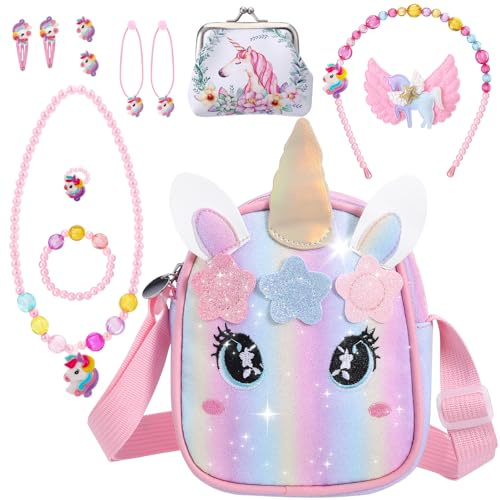 Halinuia Einhorn-Taschen-Set für Mädchen, Geschenk mit Handtasche, Geldbörse, Princess Armband Halskette und Haarnadel Einhorn Geburtstag Geschenk Mädchen 3-10 Jahre, S, Kunststoff, Kein edelstein