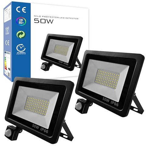 CLAR - Luz Con Sensor De Movimiento, Luz Exterior Con Sensor De Movimiento, Focos Led Exterior Con Sensor De Movimiento, Foco Led Con Sensor De Movimiento, Foco Con Sensor De Movimiento, 50W (Pack 2)