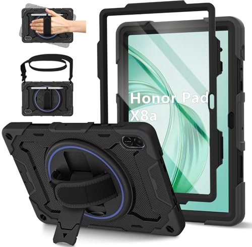 ROSROME for Honor Pad X8a Case 11 inch 2024 with HD Screen Protector, Shockproof Heavy Duty Cover with 360°Rotating Stand/Shoulder Strap/Hand Strap/Pen Holder for 11 Honor X8a Tablet Case, Black