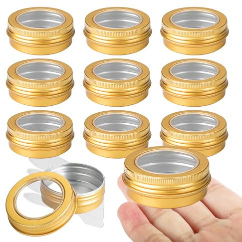 LusDoly Lot de 10 pots en aluminium 30ml – bocaux en aluminium ronde or D50mm x H22mm avec fenêtre couvercle pas-de-vis – boite aluminium cosmétique pour bougies, DIY, rangement, voyage
