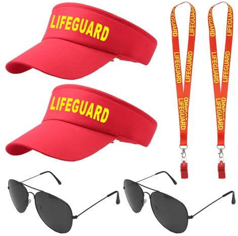 TUONYIS 6-teiliges Rettungsschwimmer-Kostüm-Set, Rettungsschwimmer-Kostüm-Zubehör, inklusive roter verstellbarer Sonnenschutz, Rettungsschwimmerpfeife, Sonnenbrille, für Männer und Frauen, Pool-Party