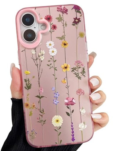 ZTOFERA Pink Case for iPhone 16 Plus (6.7), Aesthetic Phone Case with Flowers Floral Pattern, Glossy Hard PC Back Silicone Bumper Shockproof Protective Cover for Girls Women - Climbing Flowers