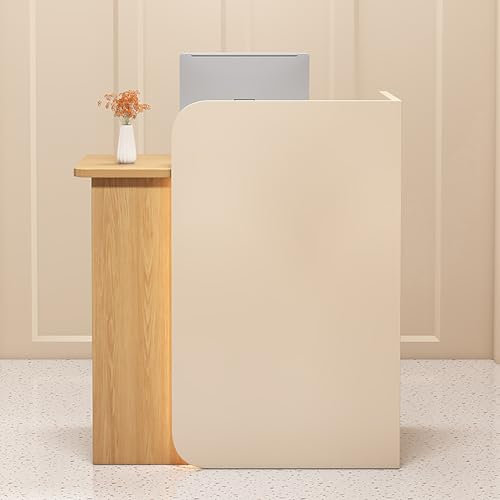 EECVKKY Empfangstheke Holz – Moderner Empfangstresen mit Schublade und Regal für Büro, Hotel, Salon & Geschäft Beige + Naturholz – Links 60 × 45 × 100 cm
