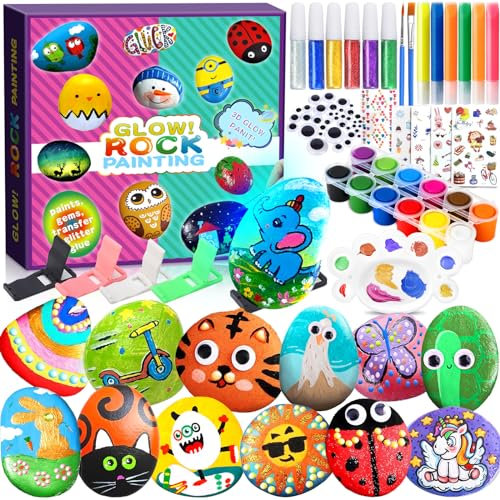 Kit de Peinture sur Pierre pour Enfants, Kits de Loisirs Créatifs Enfants, 12 Galets a Peindre Décorer avec 24 Peintures et accessoires,Cadeau Créatif pour Convient Aux Garçons et Filles de 3-12 Ans