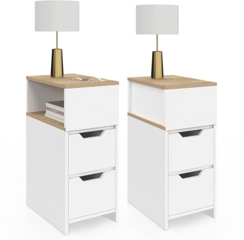 IDMarket - Set aus 2 schmalen Nachttischen Anouk 2 Schubladen mit seitlicher Nische zum Wenden Weiß und Holz