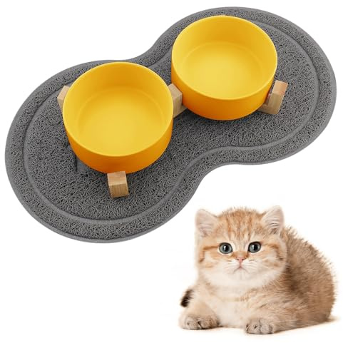 Zosenyer Gamelle Chat Surélevée avec Support, 400ML Gamelle Eau Chat, Tapis Chien Design à Double Bols, Idéal pour Les Chiots et Les Chats (Jaune)