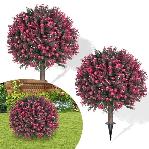 Snovire 2 Pcs Artificial Eucalyptus Topiary Ball with Ground Spike, UV-Resistant Artificial Tree for Outdoor Indoor Decorative, Faux Plants for Garden Porch Home Office (Eucalyptus)