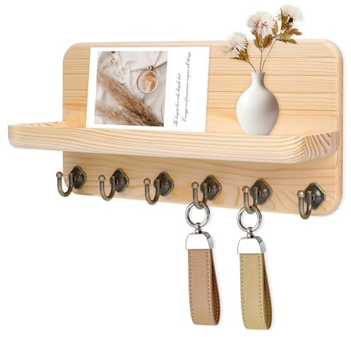 Kldgris Schlüsselbrett mit Ablage, Schlüsselboard Schlüsselbrett Holz mit 6 Schlüsselhaken, für Flur, Schlafzimmer, Küche, Hängen Küchenbesteck Holzfarbe