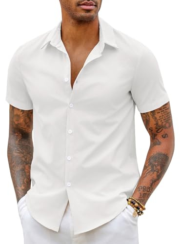 COOFANDY Camicia Uomo Manica Corta Estate Elasticizzata Slim Fit Camicia Casual Easy-Iron Camicie Business Elegante Tinta Unita S-5XL Bianco L